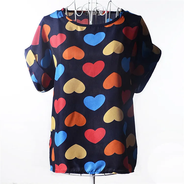 Casual Shirts for Women Chiffon Blouses Batwing Short Sleeve O-neck Plus Size XXL Print Shirt Tops Female LY1213a