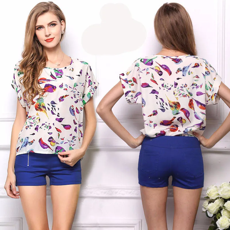Casual Shirts for Women Chiffon Blouses Batwing Short Sleeve O-neck Plus Size XXL Print Shirt Tops Female LY1213a