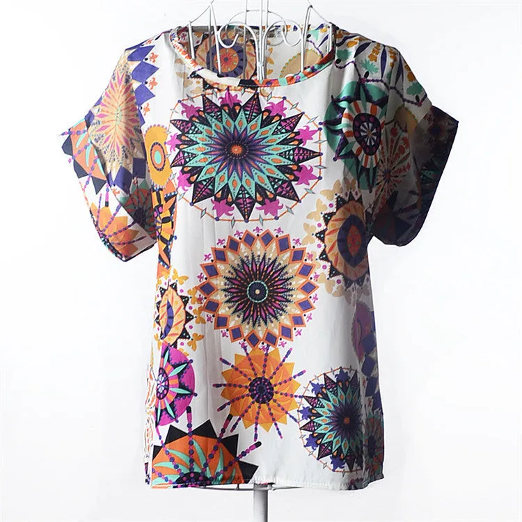 Casual Shirts for Women Chiffon Blouses Batwing Short Sleeve O-neck Plus Size XXL Print Shirt Tops Female LY1213a