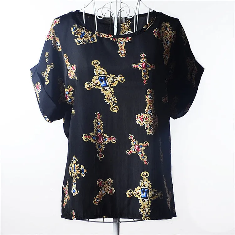 Casual Shirts for Women Chiffon Blouses Batwing Short Sleeve O-neck Plus Size XXL Print Shirt Tops Female LY1213a