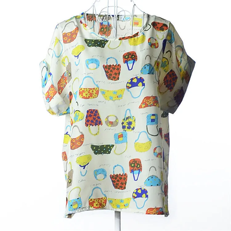 Casual Shirts for Women Chiffon Blouses Batwing Short Sleeve O-neck Plus Size XXL Print Shirt Tops Female LY1213a