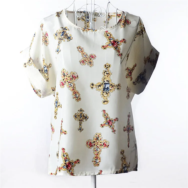 Casual Shirts for Women Chiffon Blouses Batwing Short Sleeve O-neck Plus Size XXL Print Shirt Tops Female LY1213a