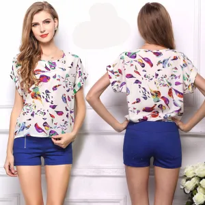 Casual Shirts for Women Chiffon Blouses Batwing Short Sleeve O-neck Plus Size XXL Print Shirt Tops Female LY1213a