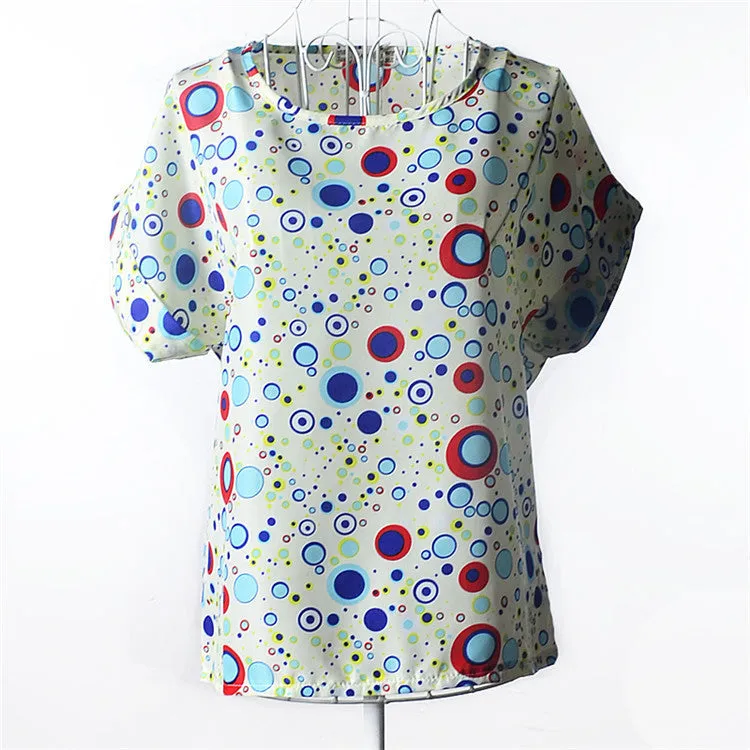 Casual Shirts for Women Chiffon Blouses Batwing Short Sleeve O-neck Plus Size XXL Print Shirt Tops Female LY1213a