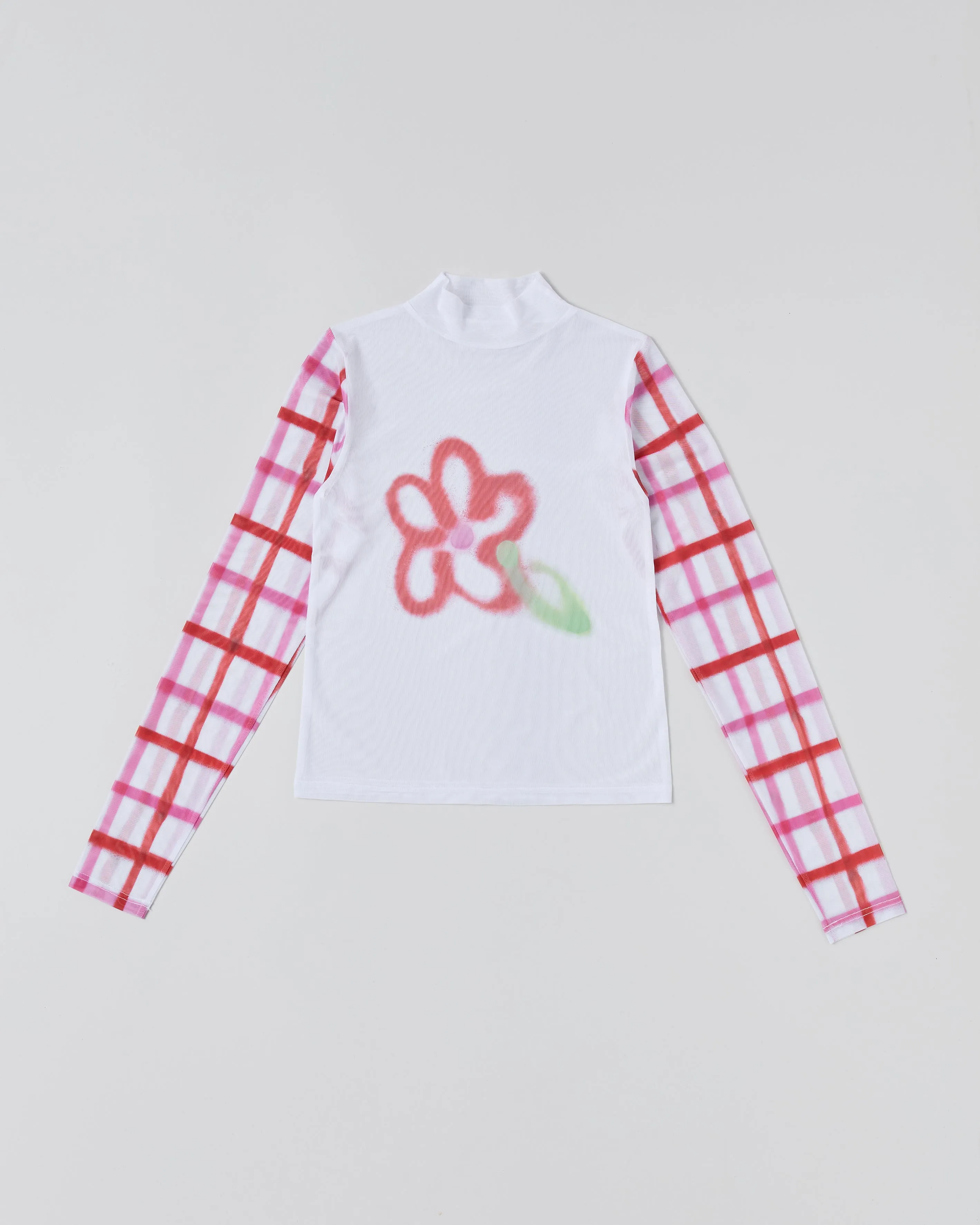 Check sleeve spray flower see-through tops (high neck)