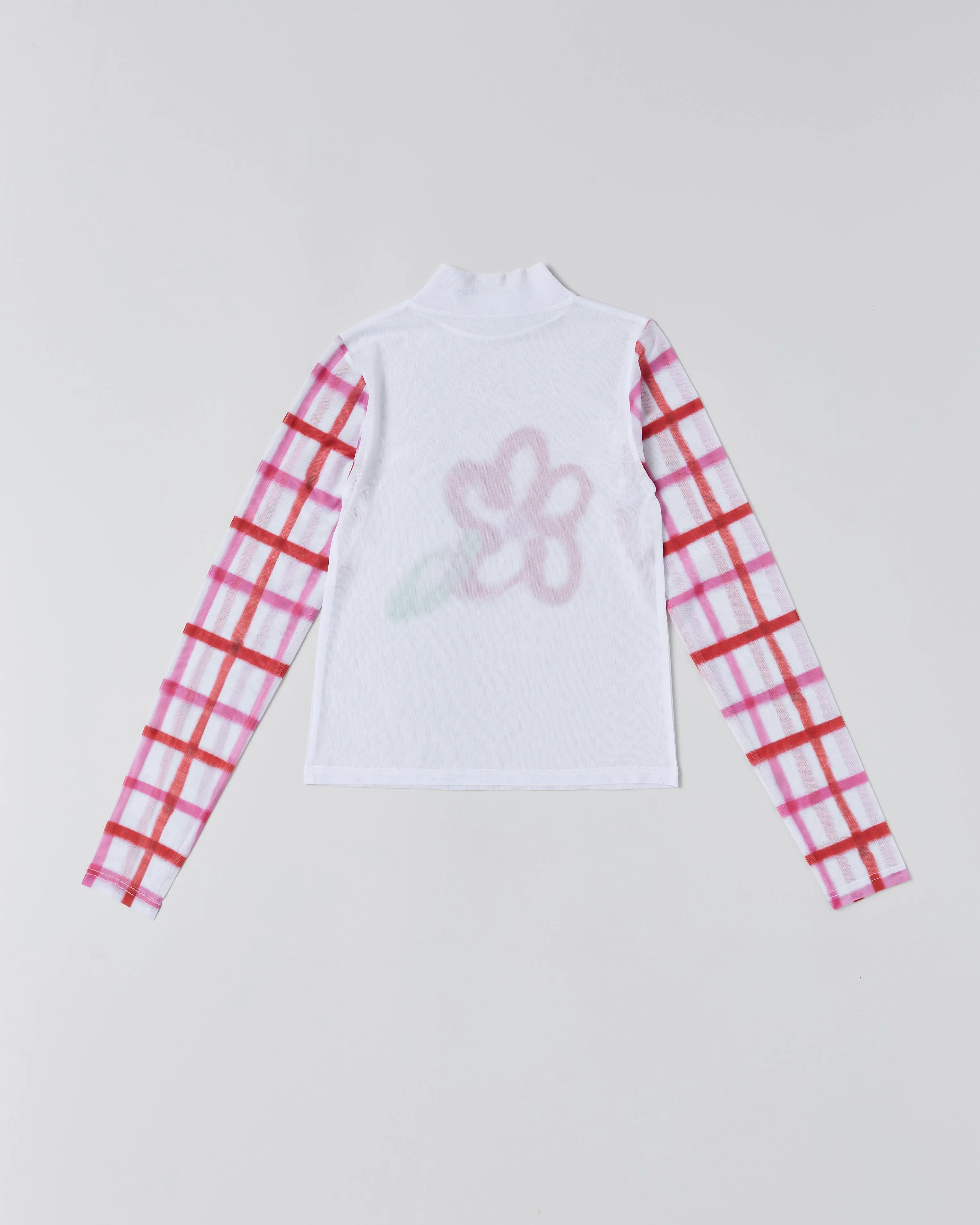 Check sleeve spray flower see-through tops (high neck)