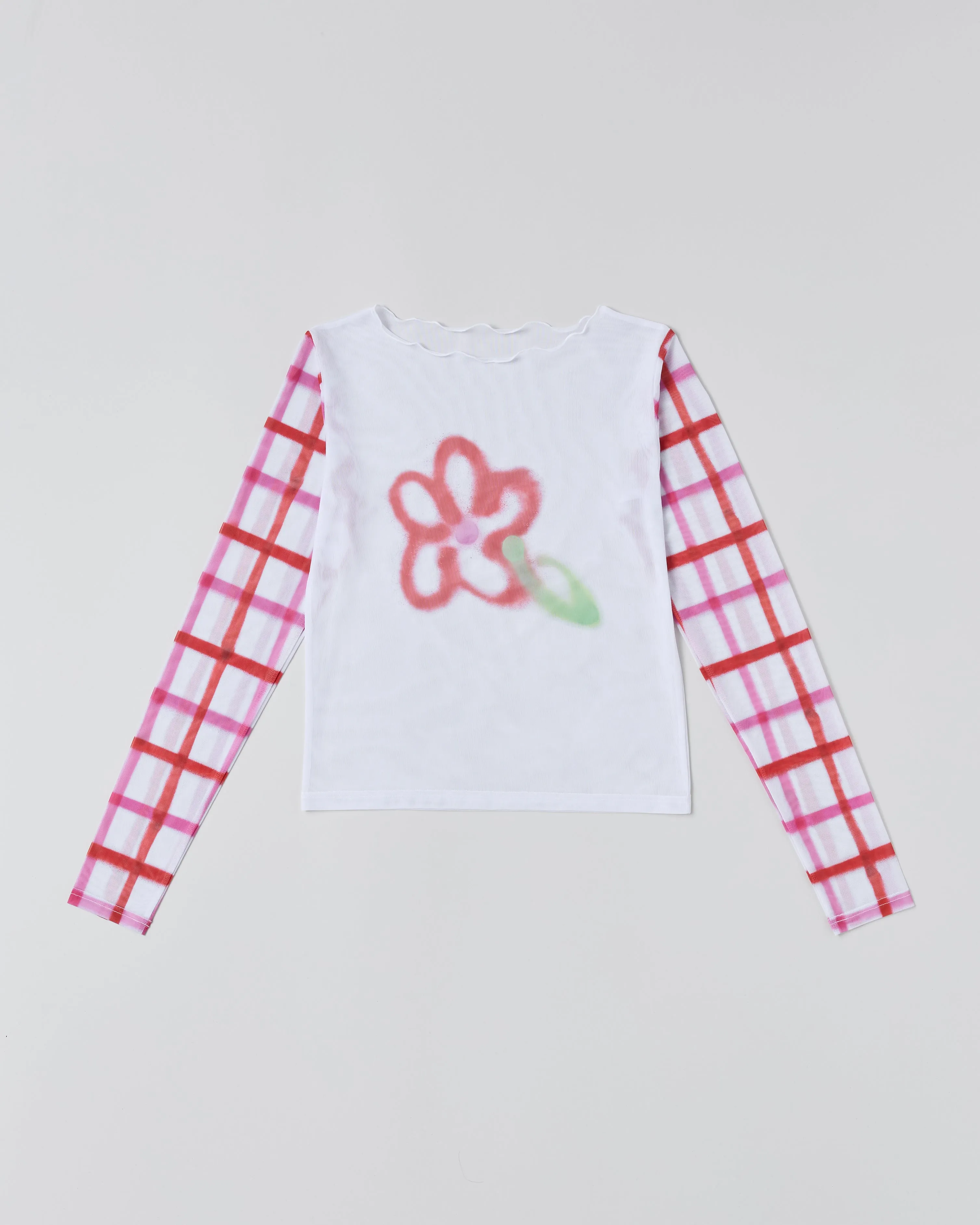 Check sleeve spray flower see-through tops (high neck)
