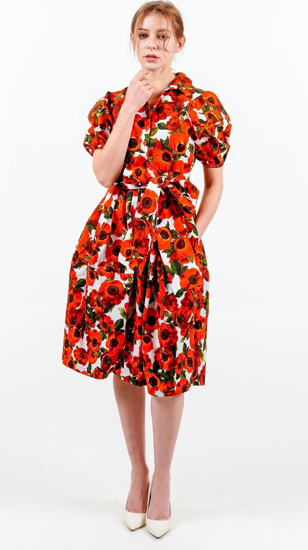 Claire Dress Shirt Collar Short Puff Sleeve Cotton Stretch (Anemone Fokker Small White)