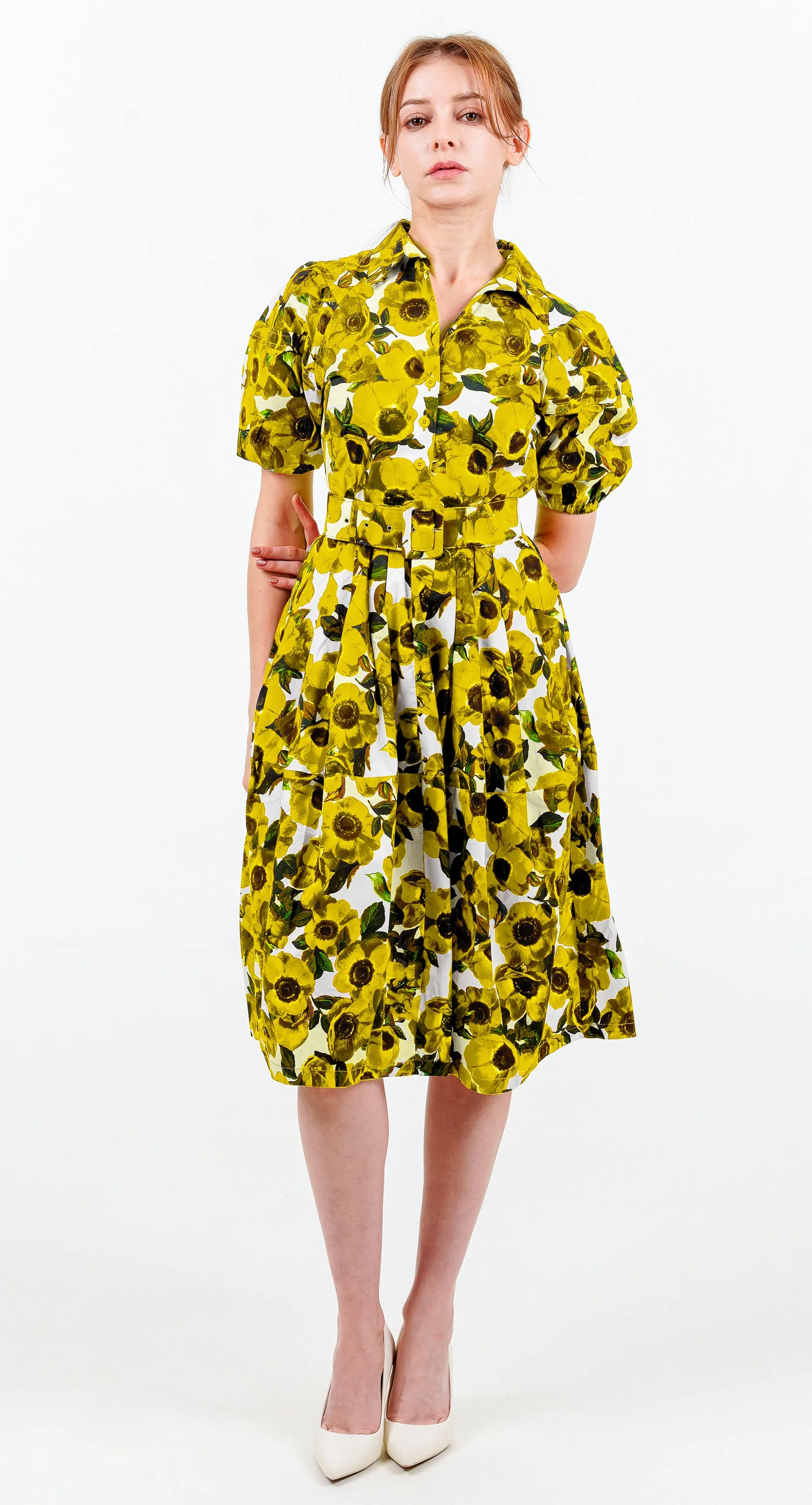 Claire Dress Shirt Collar Short Puff Sleeve Cotton Stretch (Anemone Fokker Small White)