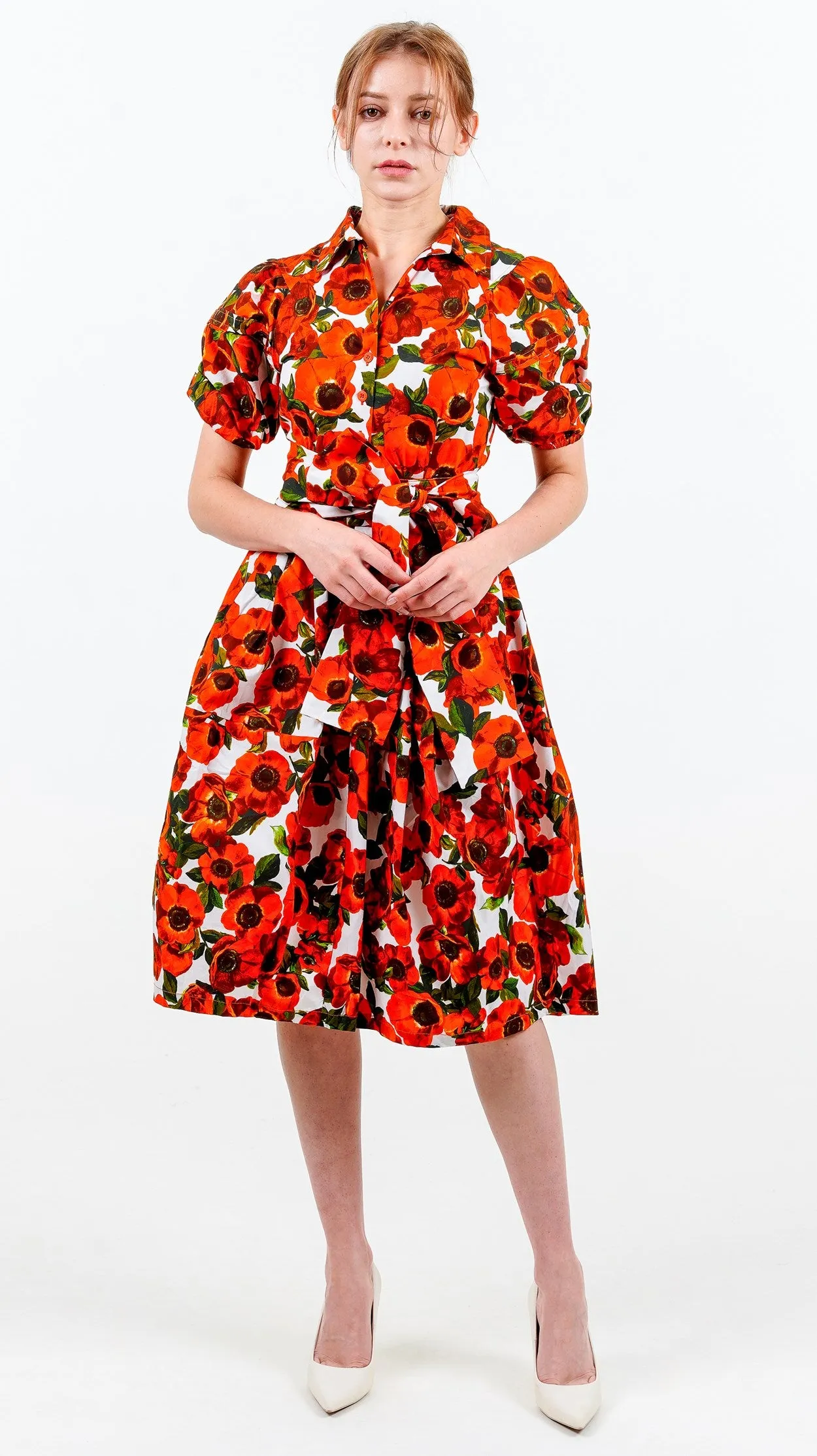 Claire Dress Shirt Collar Short Puff Sleeve Cotton Stretch (Anemone Fokker Small White)