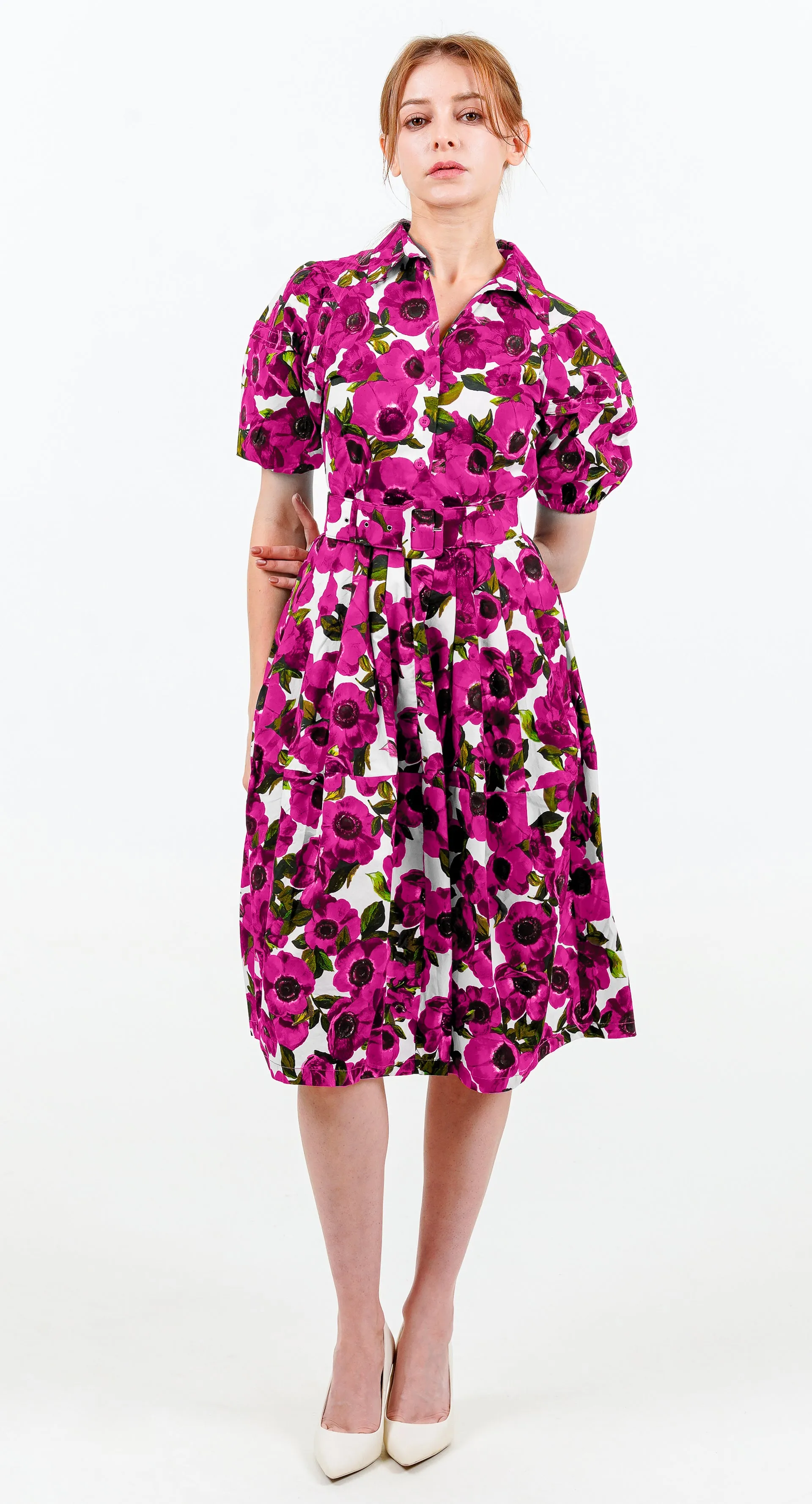 Claire Dress Shirt Collar Short Puff Sleeve Cotton Stretch (Anemone Fokker Small White)