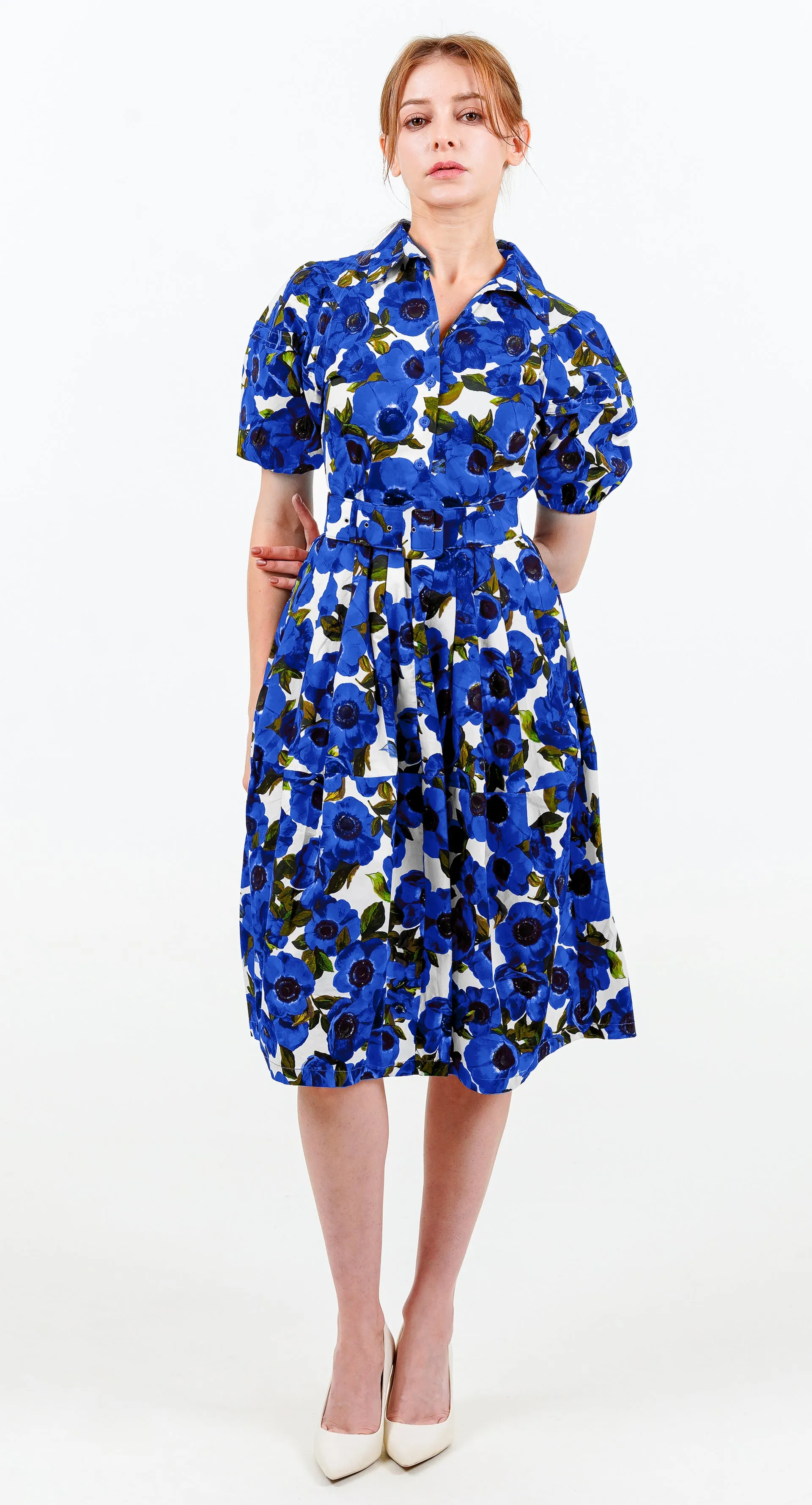 Claire Dress Shirt Collar Short Puff Sleeve Cotton Stretch (Anemone Fokker Small White)