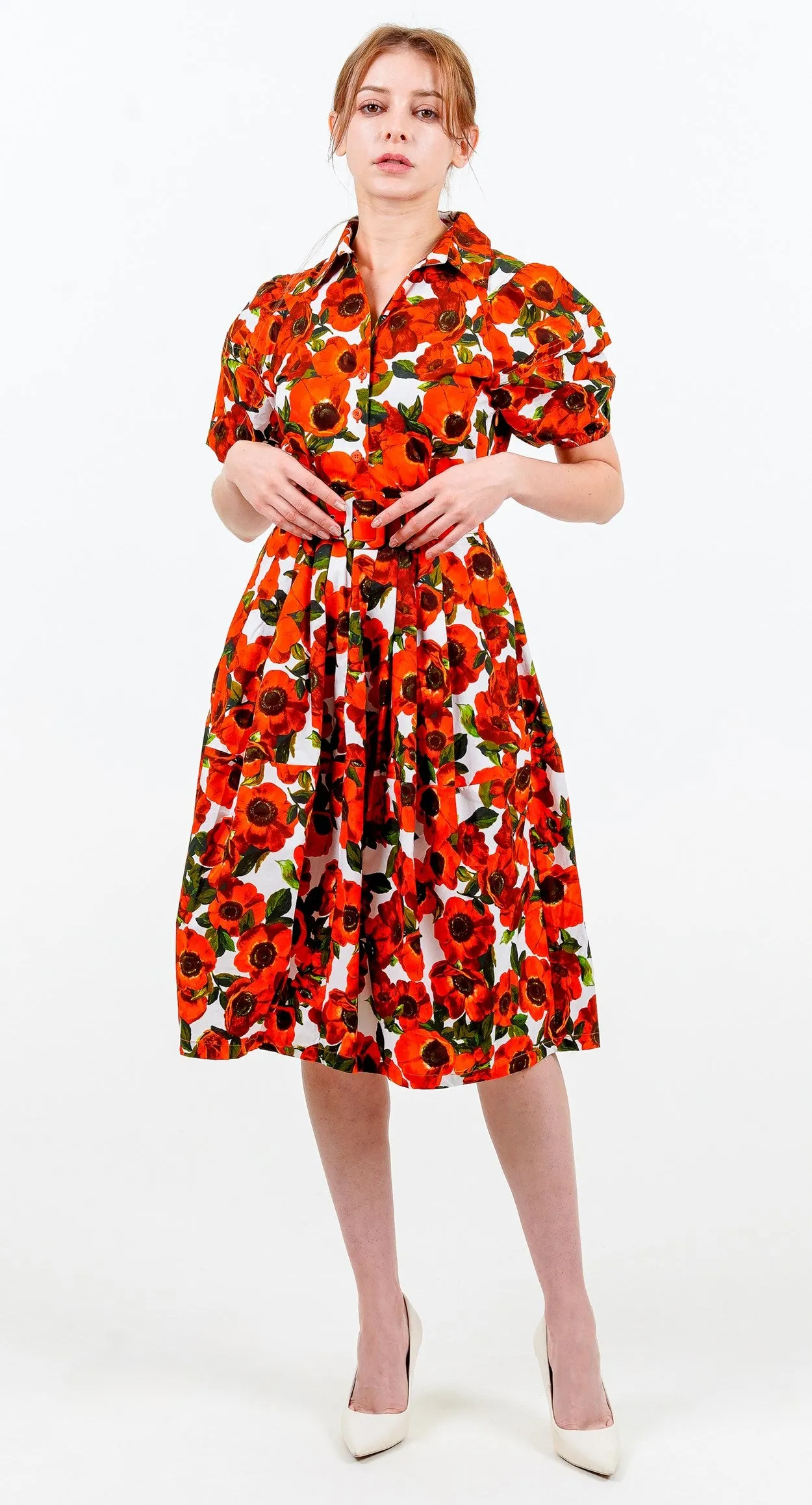 Claire Dress Shirt Collar Short Puff Sleeve Cotton Stretch (Anemone Fokker Small White)