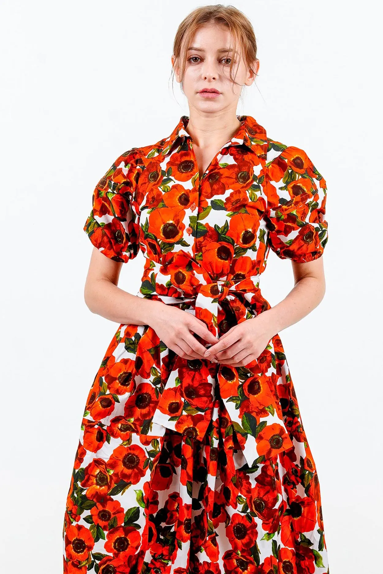 Claire Dress Shirt Collar Short Puff Sleeve Cotton Stretch (Anemone Fokker Small White)