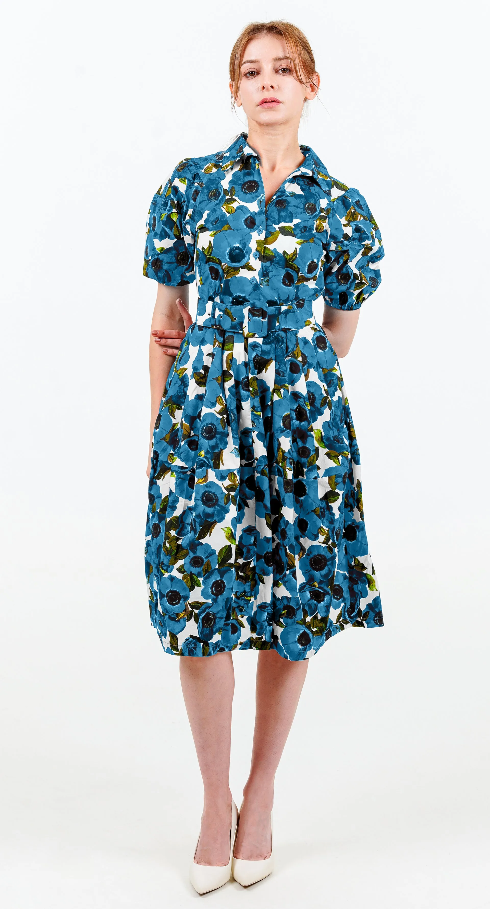 Claire Dress Shirt Collar Short Puff Sleeve Cotton Stretch (Anemone Fokker Small White)