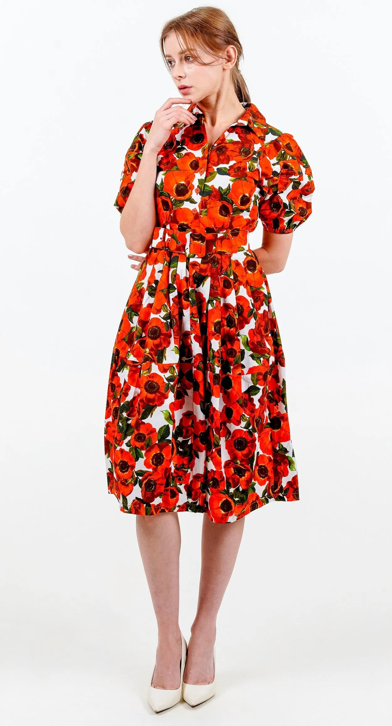 Claire Dress Shirt Collar Short Puff Sleeve Cotton Stretch (Anemone Fokker Small White)