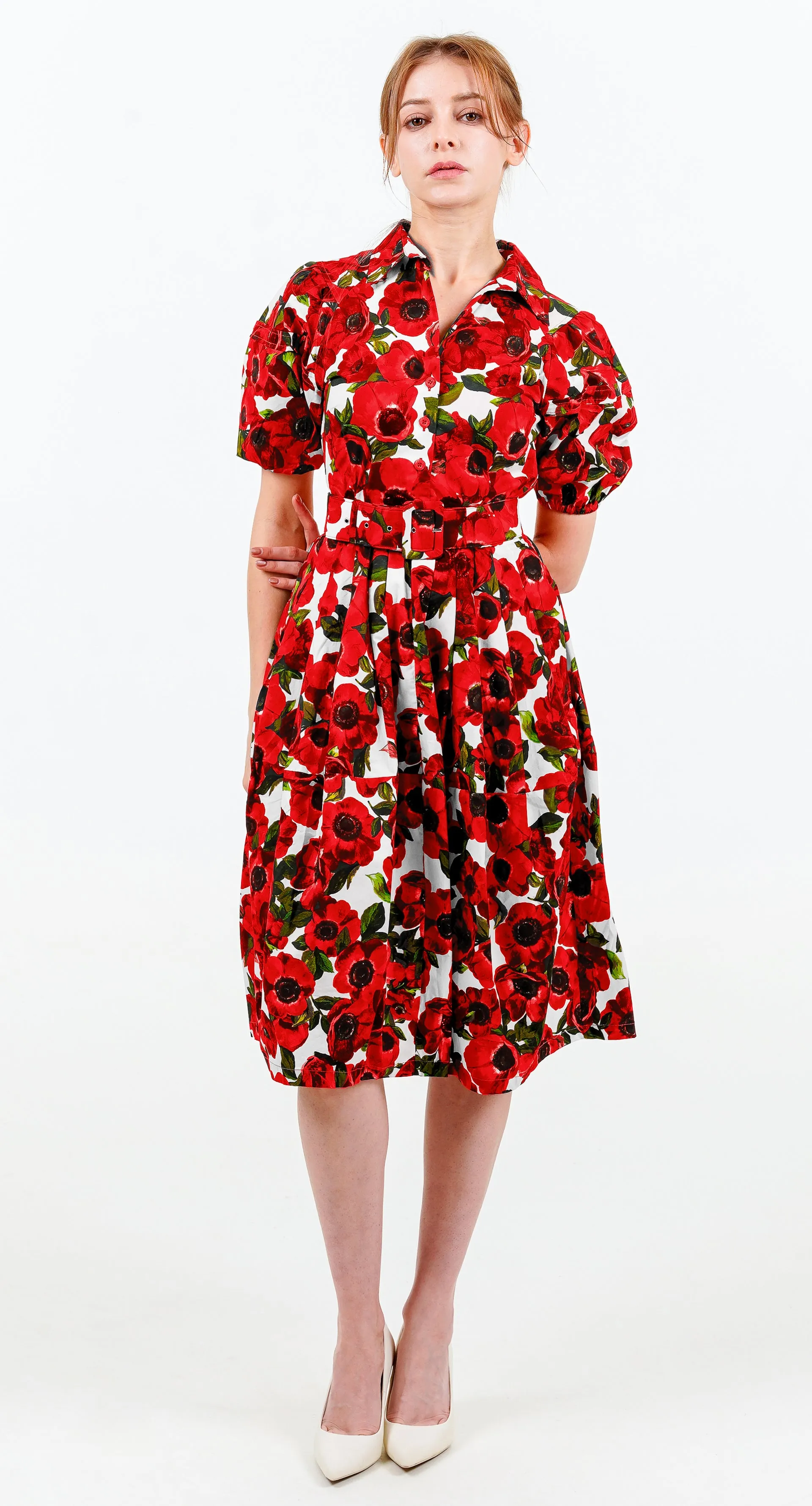 Claire Dress Shirt Collar Short Puff Sleeve Cotton Stretch (Anemone Fokker Small White)
