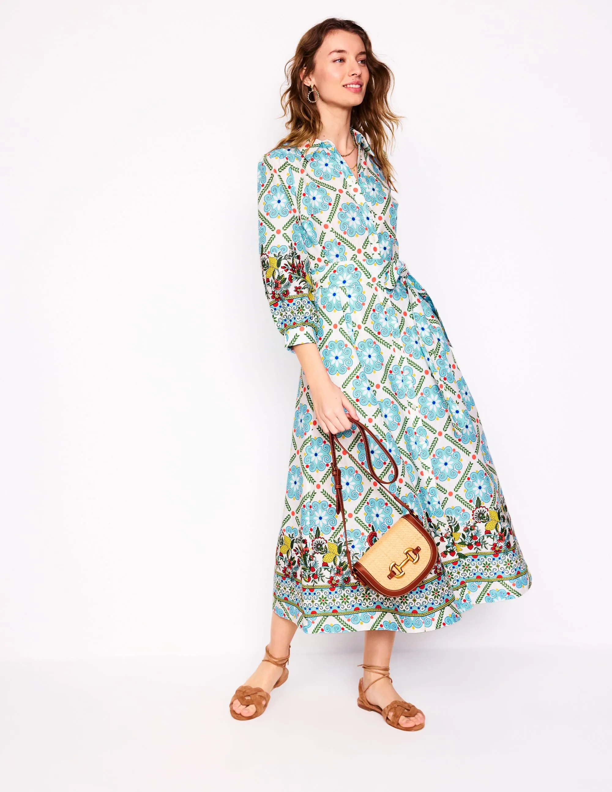 Clara Linen Blend Shirt Dress-Multi, Citrus Vine Tile