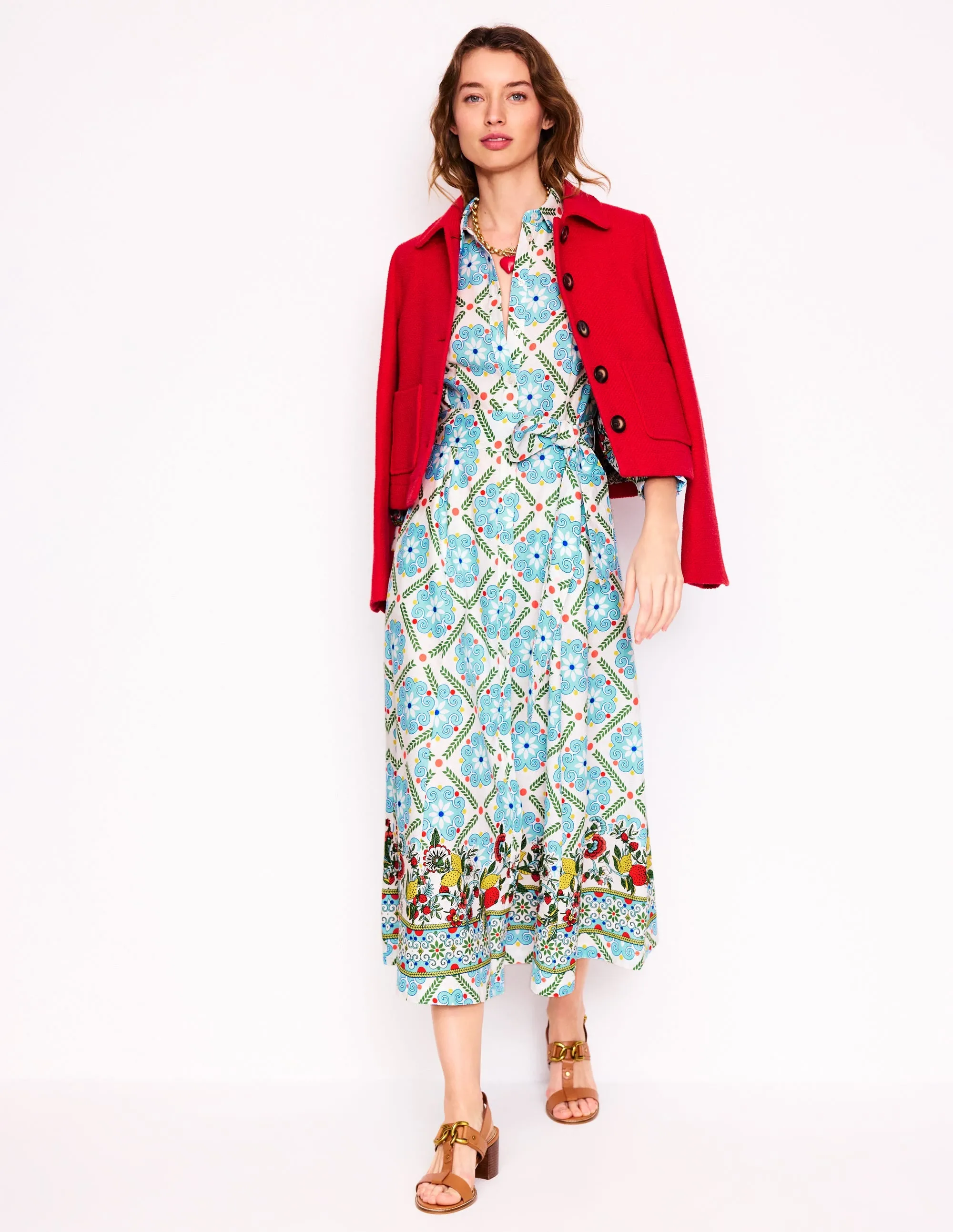 Clara Linen Blend Shirt Dress-Multi, Citrus Vine Tile