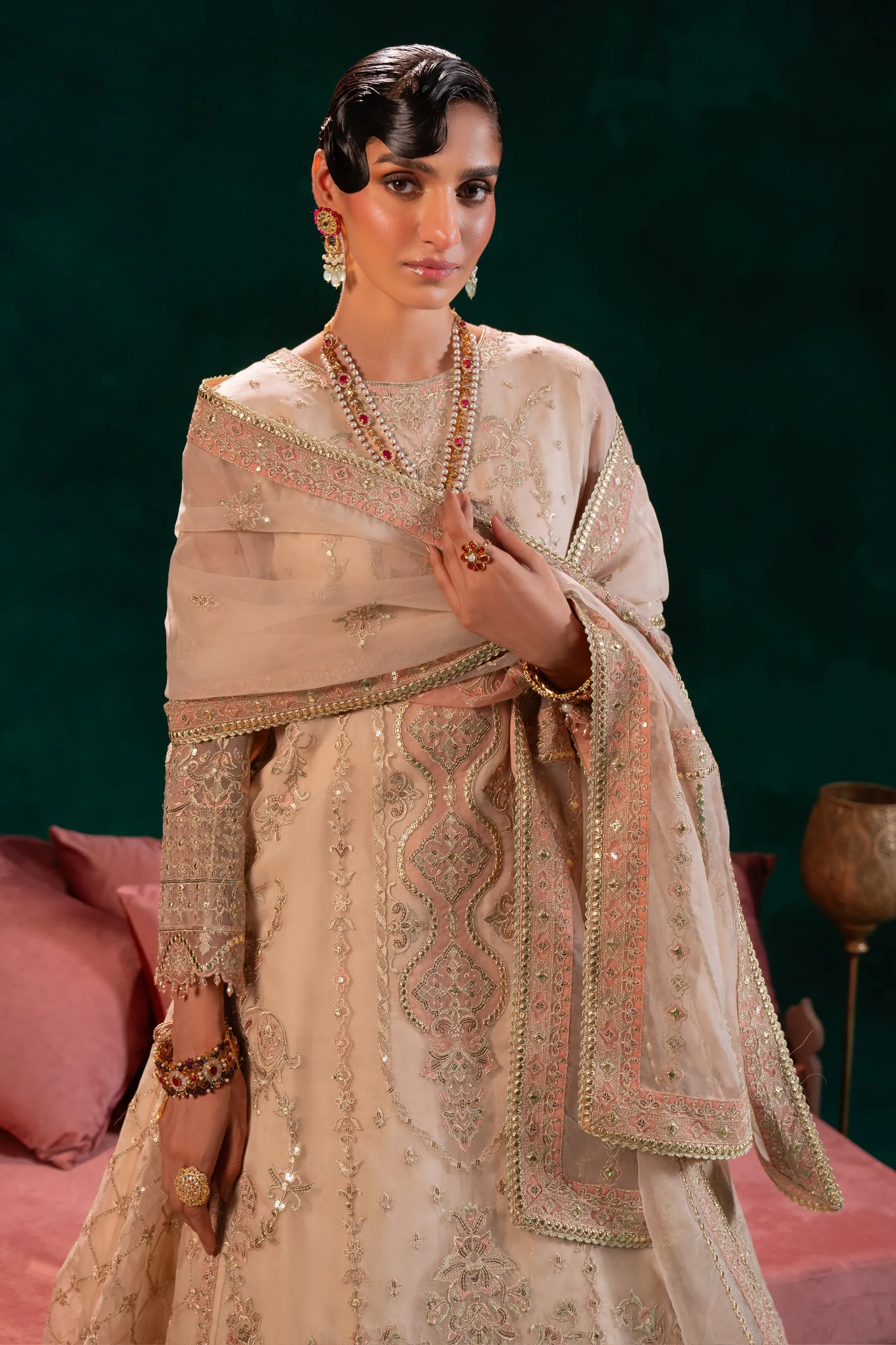Classic Embroidered Pakistani Wedding Dress Beige Pink Long Shirt Lehenga