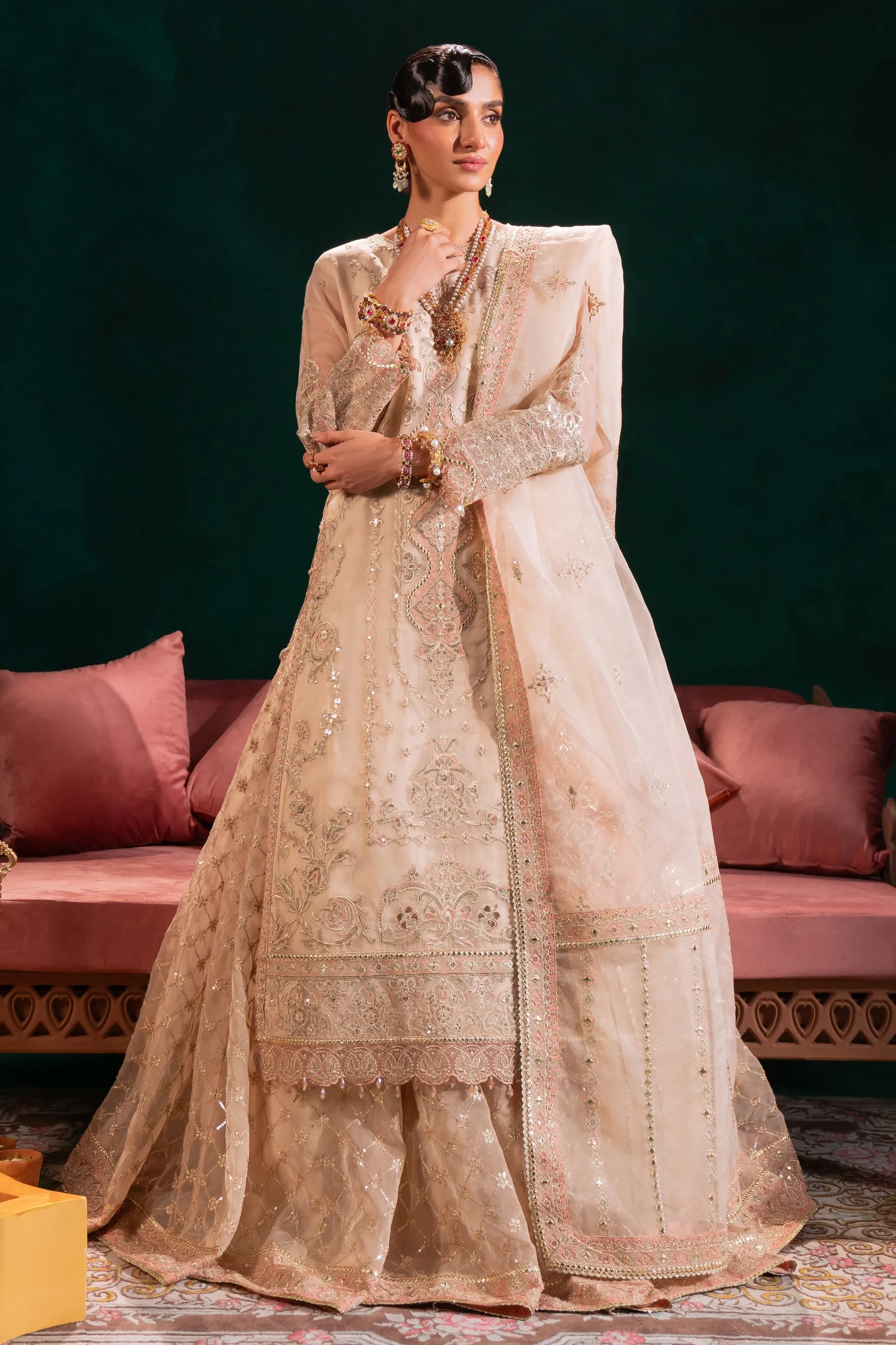 Classic Embroidered Pakistani Wedding Dress Beige Pink Long Shirt Lehenga