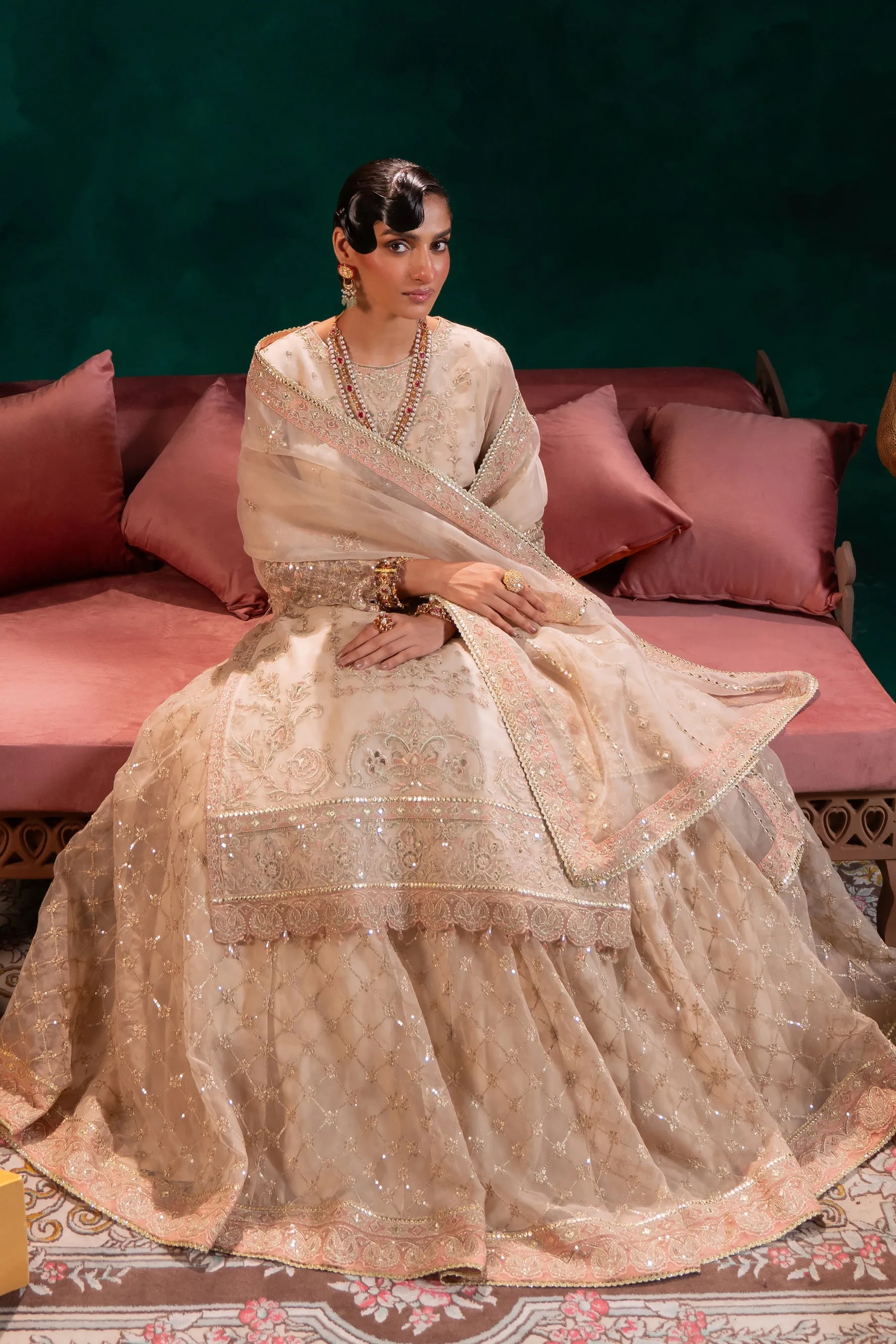 Classic Embroidered Pakistani Wedding Dress Beige Pink Long Shirt Lehenga