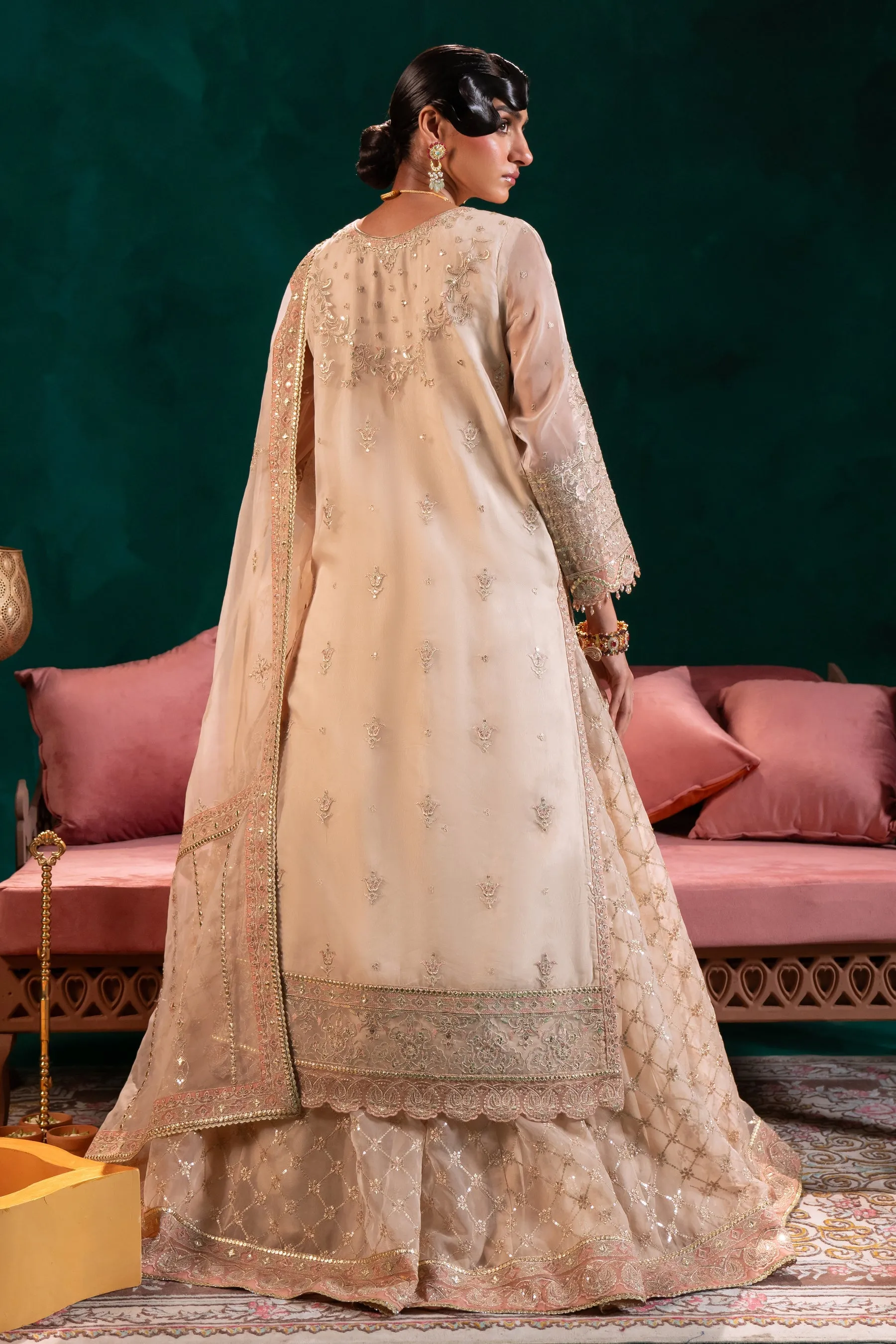 Classic Embroidered Pakistani Wedding Dress Beige Pink Long Shirt Lehenga