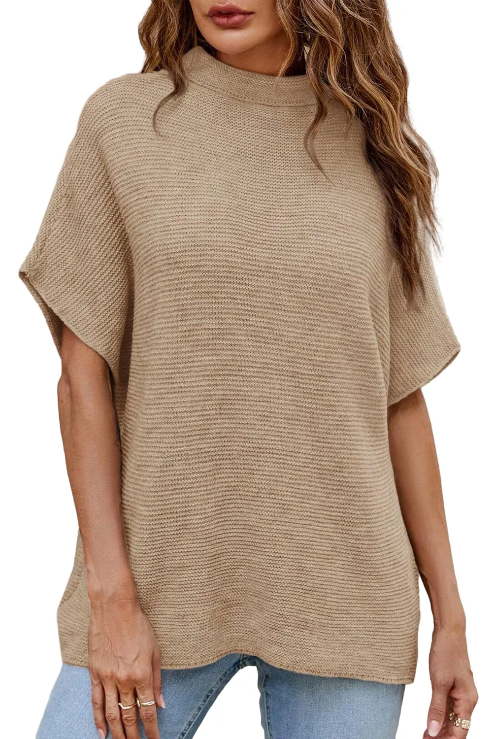 Coffee High Neck Short Bat Sleeve Sweater