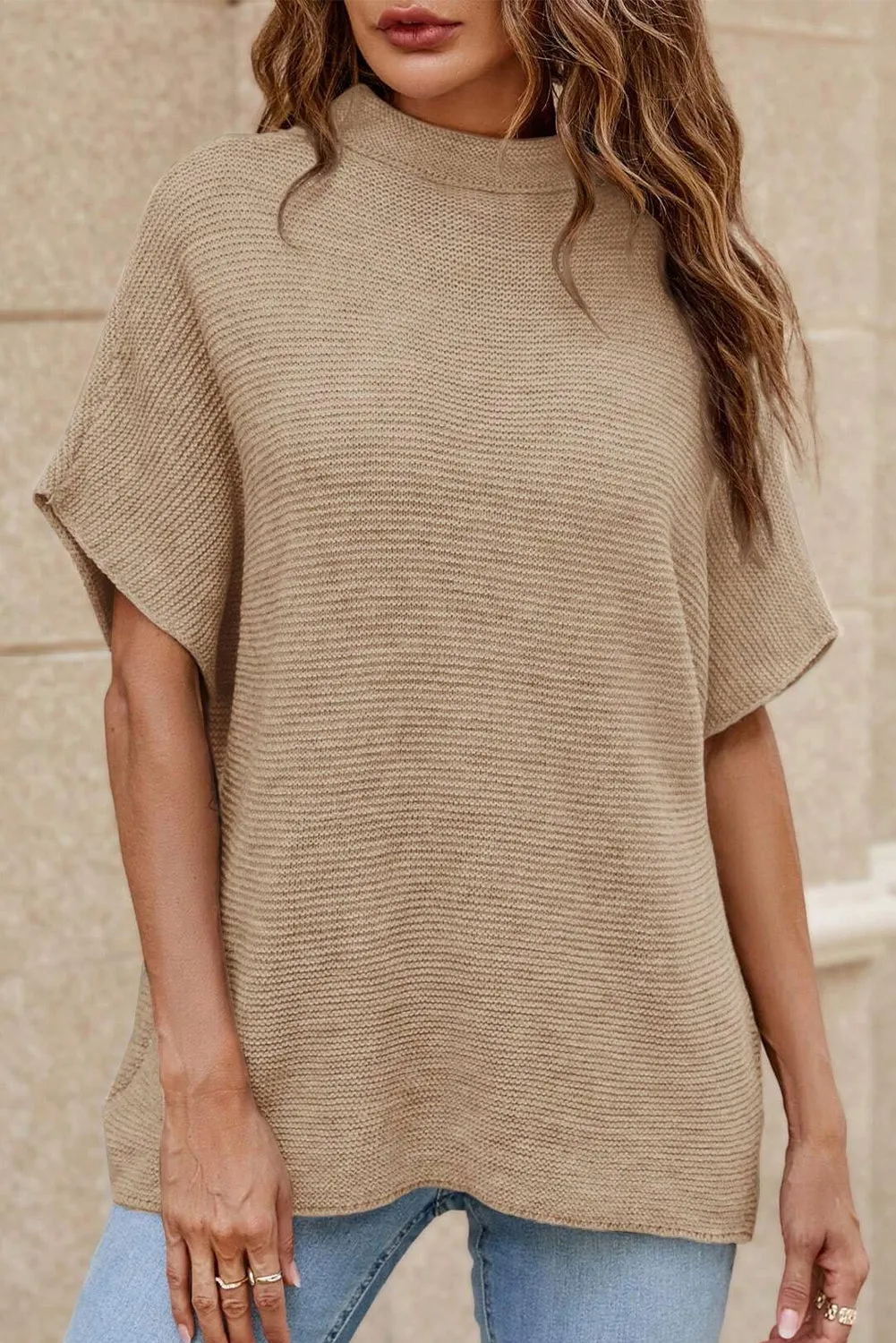 Coffee High Neck Short Bat Sleeve Sweater