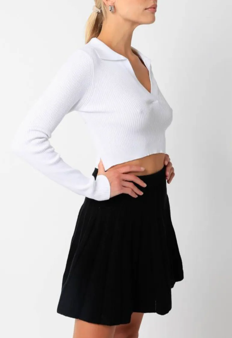 Collared Long Sleeve Ribbed Crop Top
