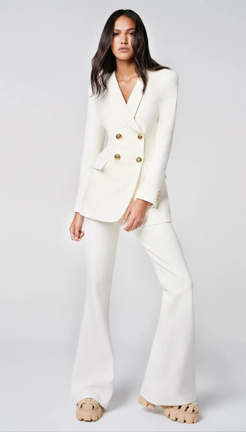 Collarless DB Blazer in Ivory Piqué