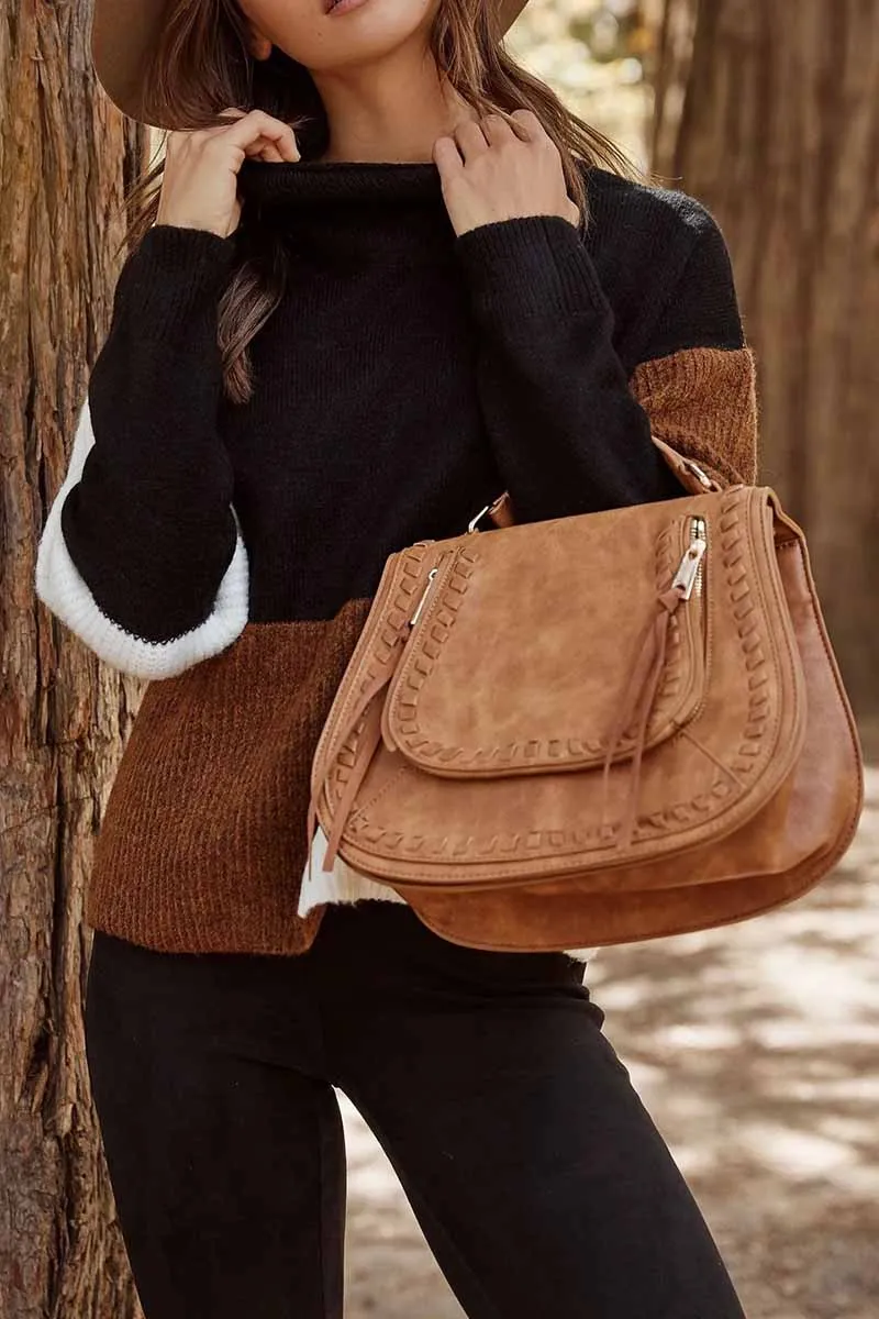 Contrasting Color High Neck Knitted Sweater
