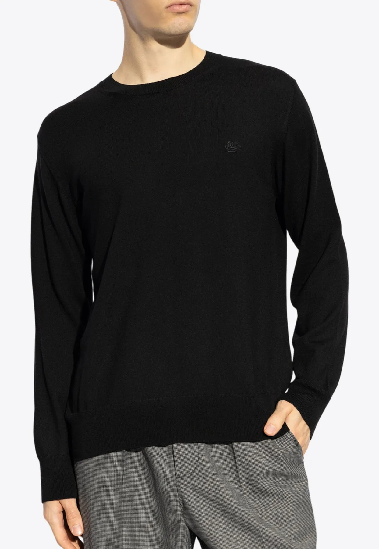 Crewneck Wool Sweater with Embroidered-Logo