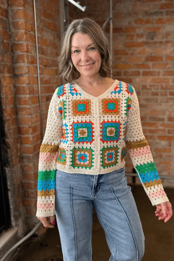 Crochet Patchwork V-Neck Cardigan