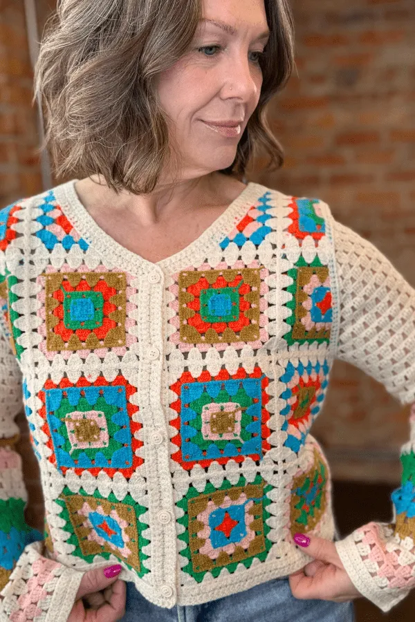 Crochet Patchwork V-Neck Cardigan