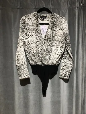 Cushnie Grey and Black Long Sleeve Cheetah Print Body Suit