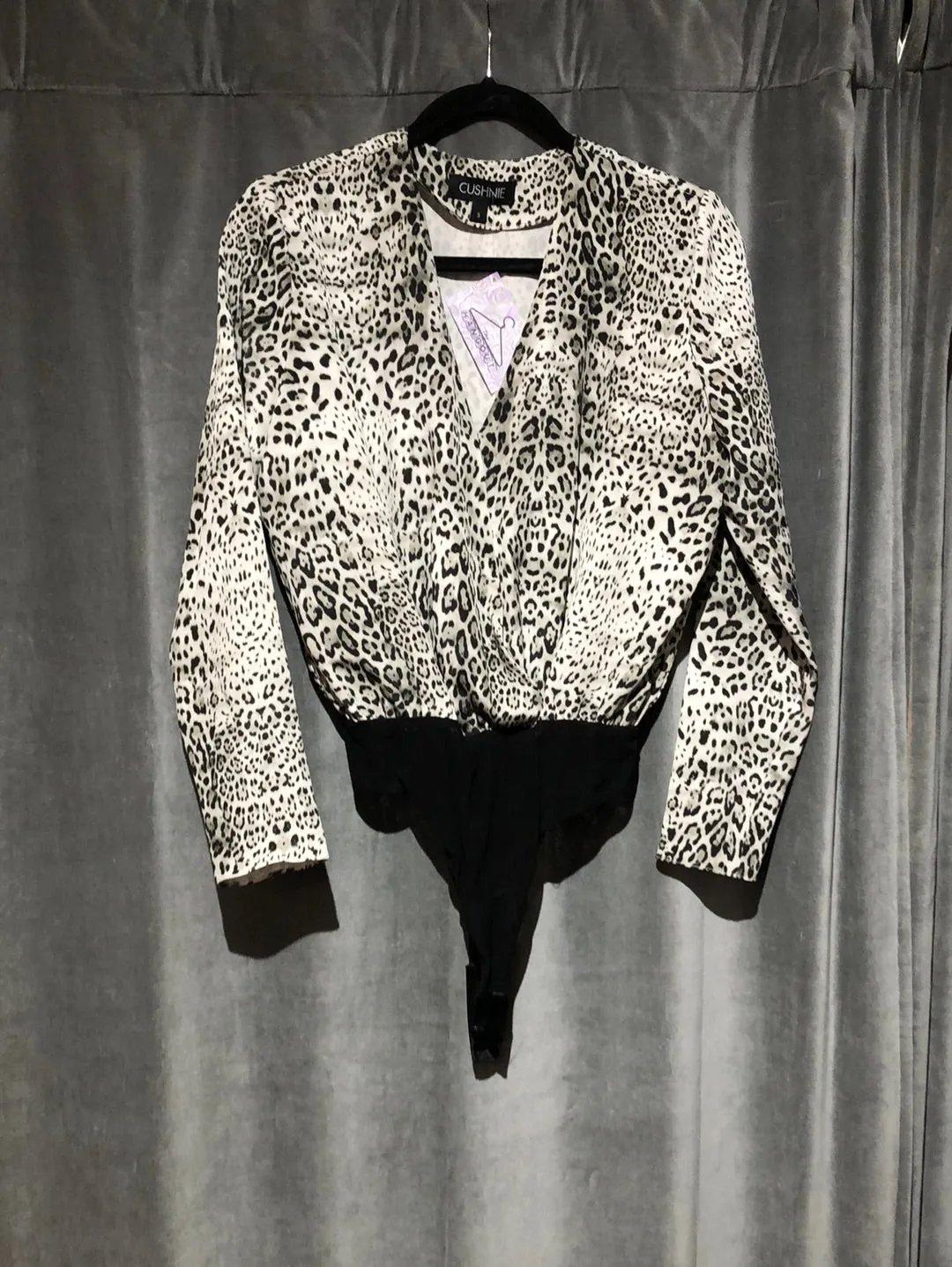 Cushnie Grey and Black Long Sleeve Cheetah Print Body Suit