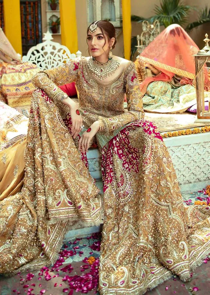 Designer Pakistani Bridal Dress in Embellished Hand Needle Worked Yellow Sharara Suit with Short Kameez for Pakistani Brides Mehndi Wear #BN926