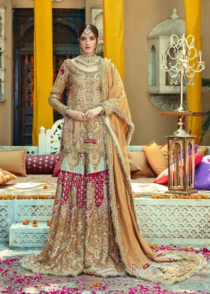 Designer Pakistani Bridal Dress in Embellished Hand Needle Worked Yellow Sharara Suit with Short Kameez for Pakistani Brides Mehndi Wear #BN926