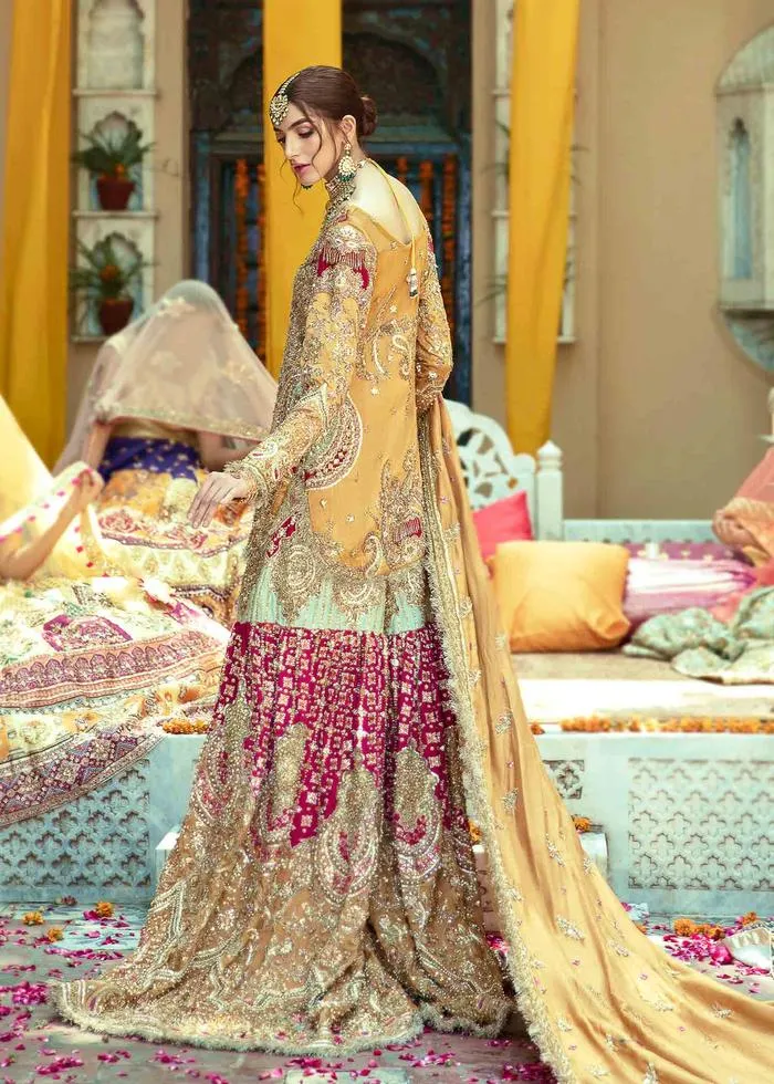 Designer Pakistani Bridal Dress in Embellished Hand Needle Worked Yellow Sharara Suit with Short Kameez for Pakistani Brides Mehndi Wear #BN926