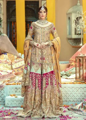 Designer Pakistani Bridal Dress in Embellished Hand Needle Worked Yellow Sharara Suit with Short Kameez for Pakistani Brides Mehndi Wear #BN926