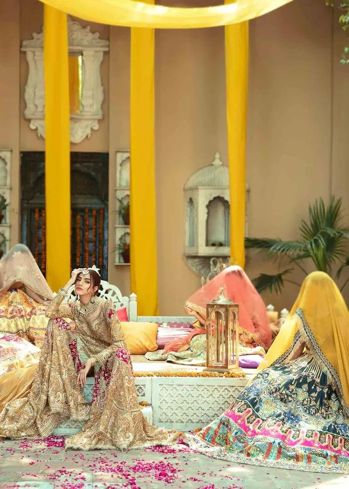 Designer Pakistani Bridal Dress in Embellished Hand Needle Worked Yellow Sharara Suit with Short Kameez for Pakistani Brides Mehndi Wear #BN926