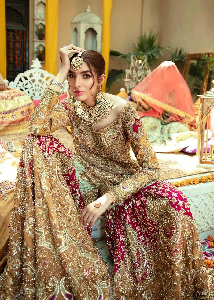 Designer Pakistani Bridal Dress in Embellished Hand Needle Worked Yellow Sharara Suit with Short Kameez for Pakistani Brides Mehndi Wear #BN926