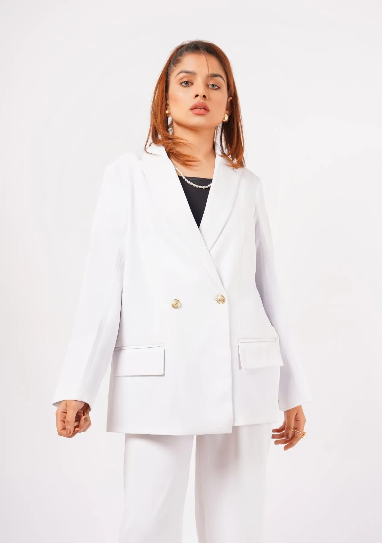 Double Breasted Loose Fit Blazer - White