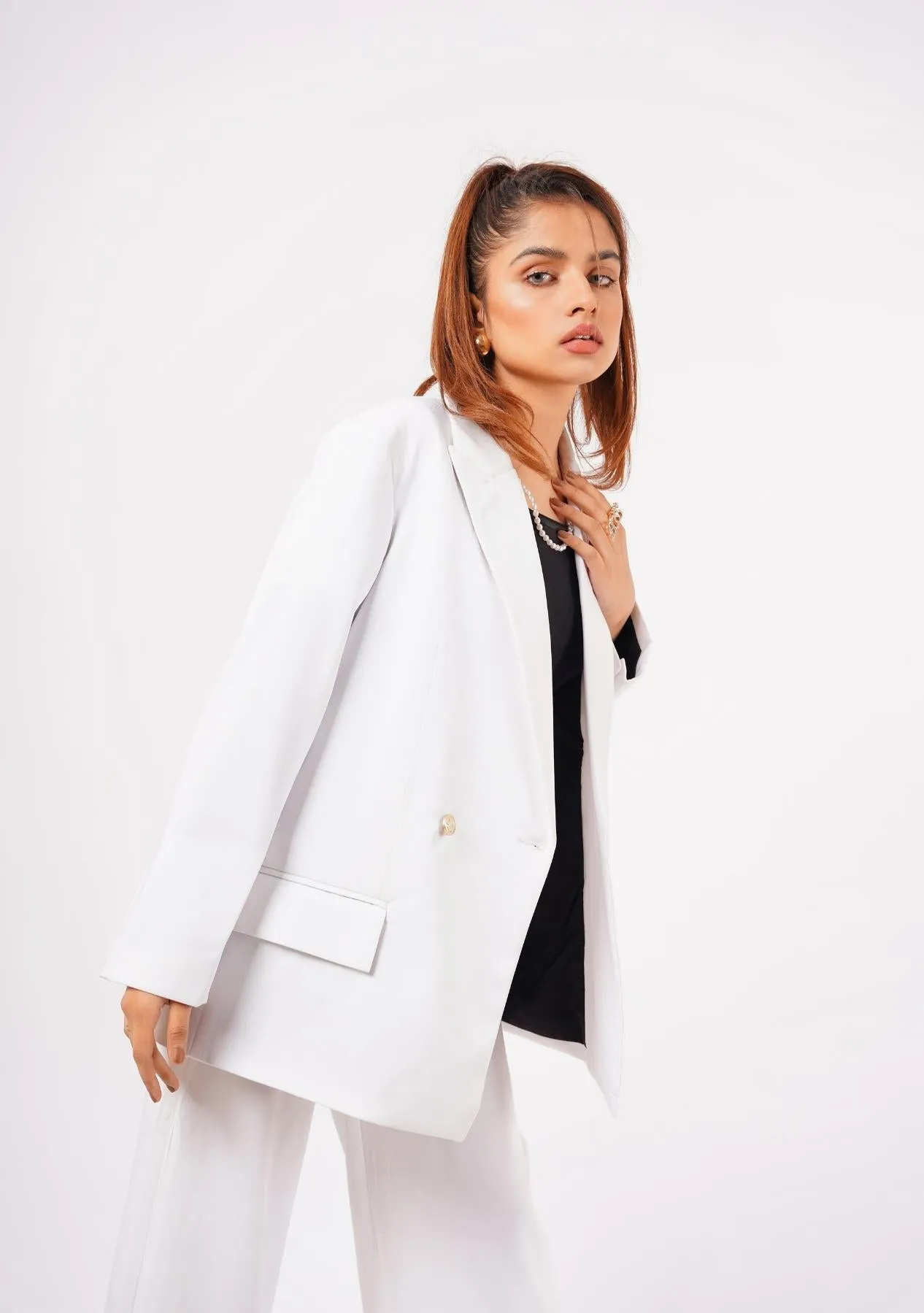 Double Breasted Loose Fit Blazer - White
