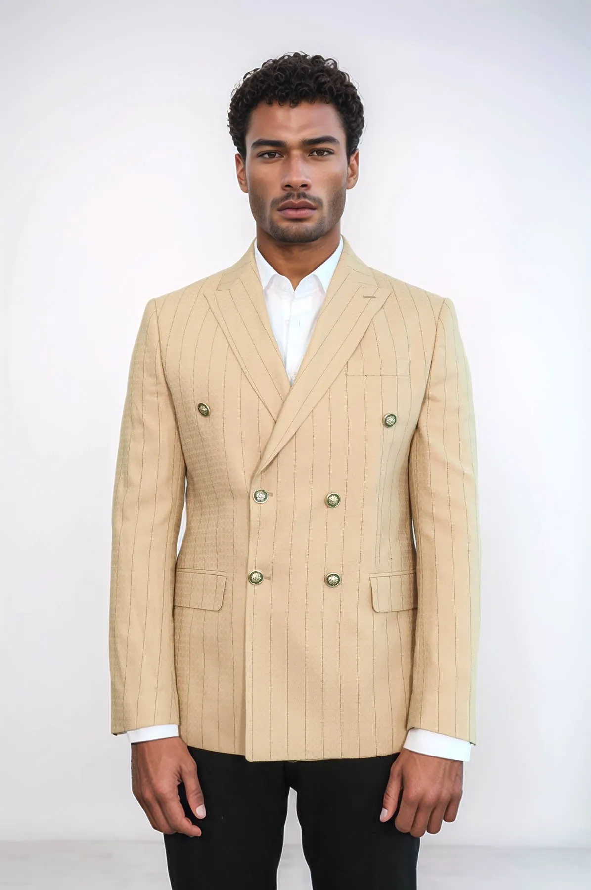 Double Breasted Slim Fit Striped Cream Men Blazer - Wessi