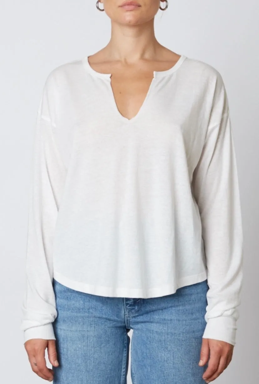 Drop Shoulder Notched Long Sleeve T Shirt