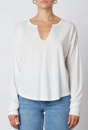 Drop Shoulder Notched Long Sleeve T Shirt