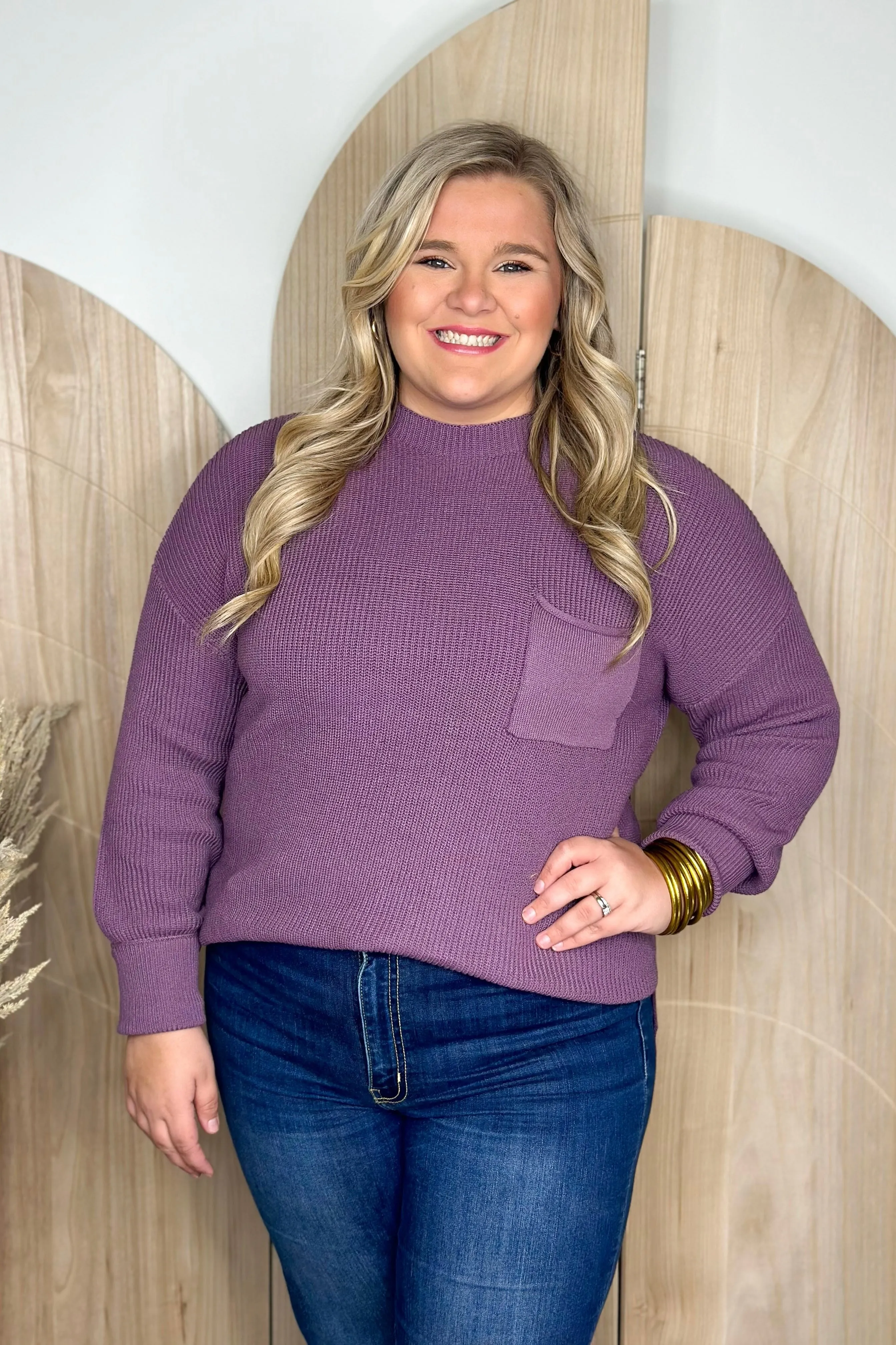 Dusty Purple Long Sleeve Knit Pocket Sweater *Final Sale*