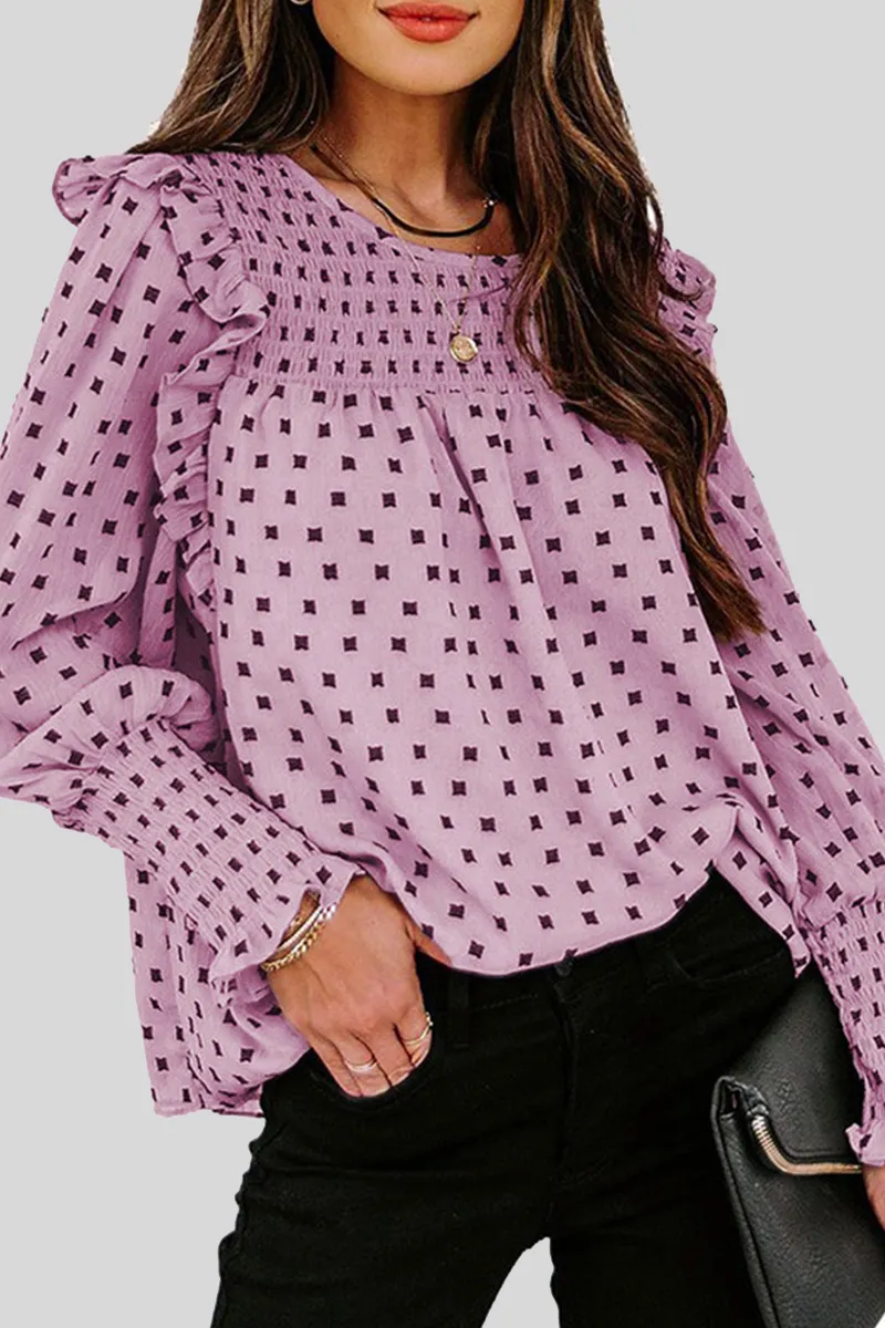 Elegant Print Patchwork Stringy Selvedge O Neck Tops(4 Colors)